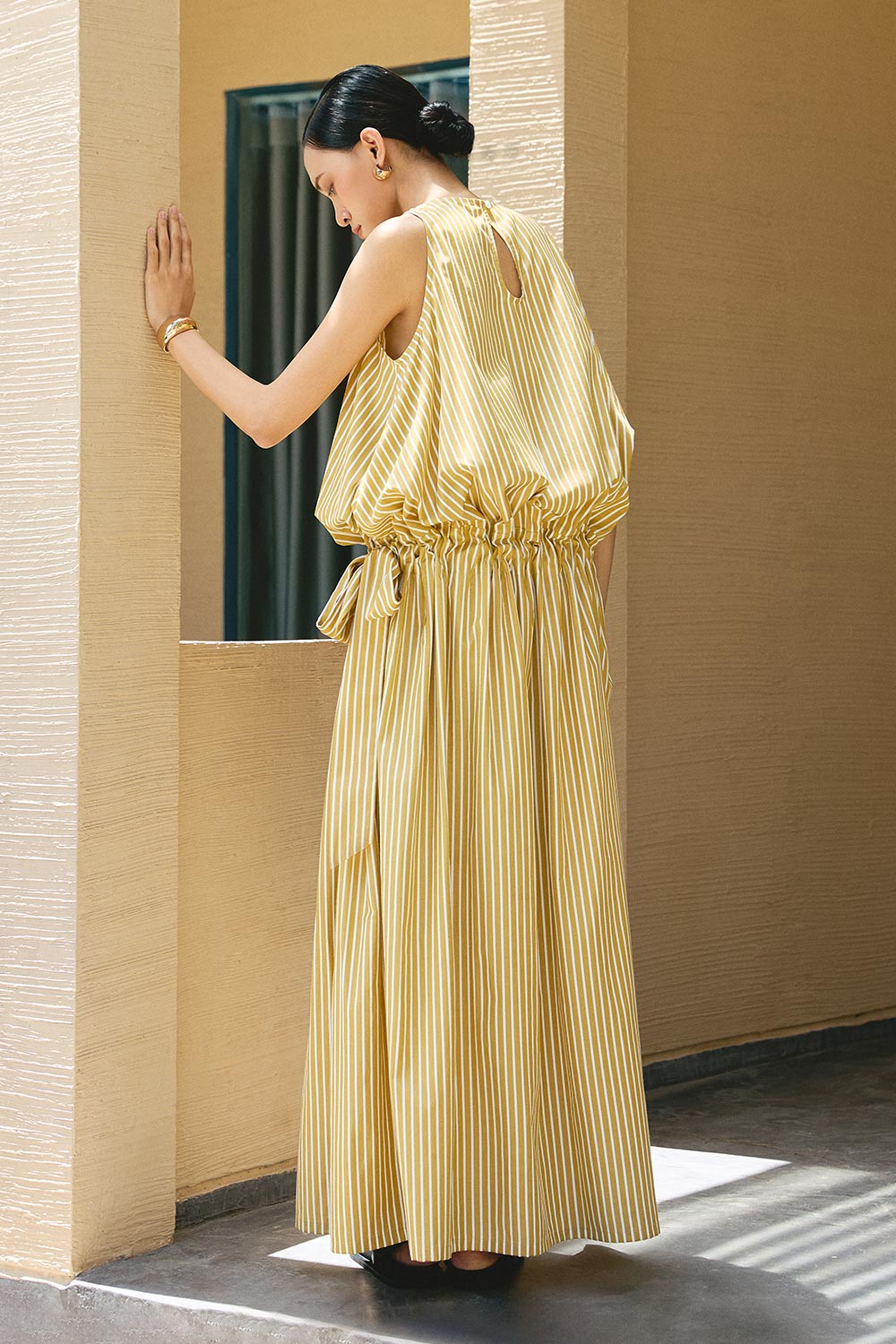 Slipover Blouson Bow Tie Cotton Maxi Dress