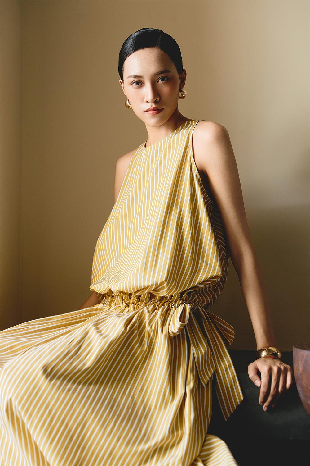 Slipover Blouson Bow Tie Cotton Maxi Dress