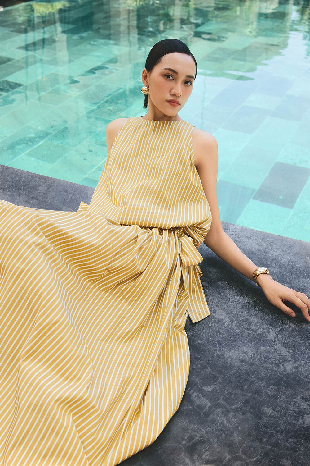 Slipover Blouson Bow Tie Cotton Maxi Dress Customize / Mustard Yellow / Striped