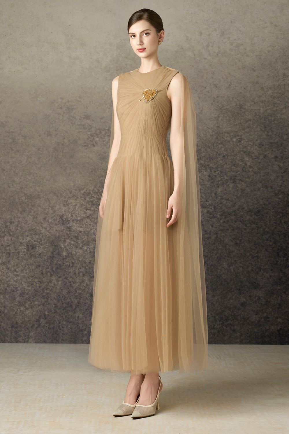 Serapha A-line Cape Sleeved Mesh Calf Length Dress