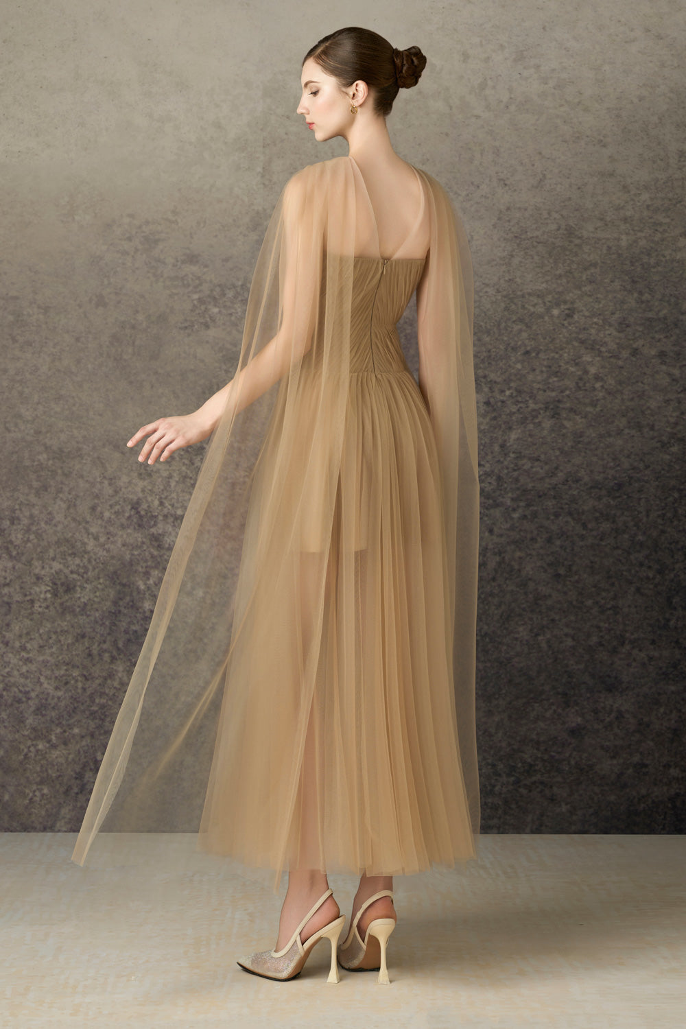 Serapha A-line Cape Sleeved Mesh Calf Length Dress