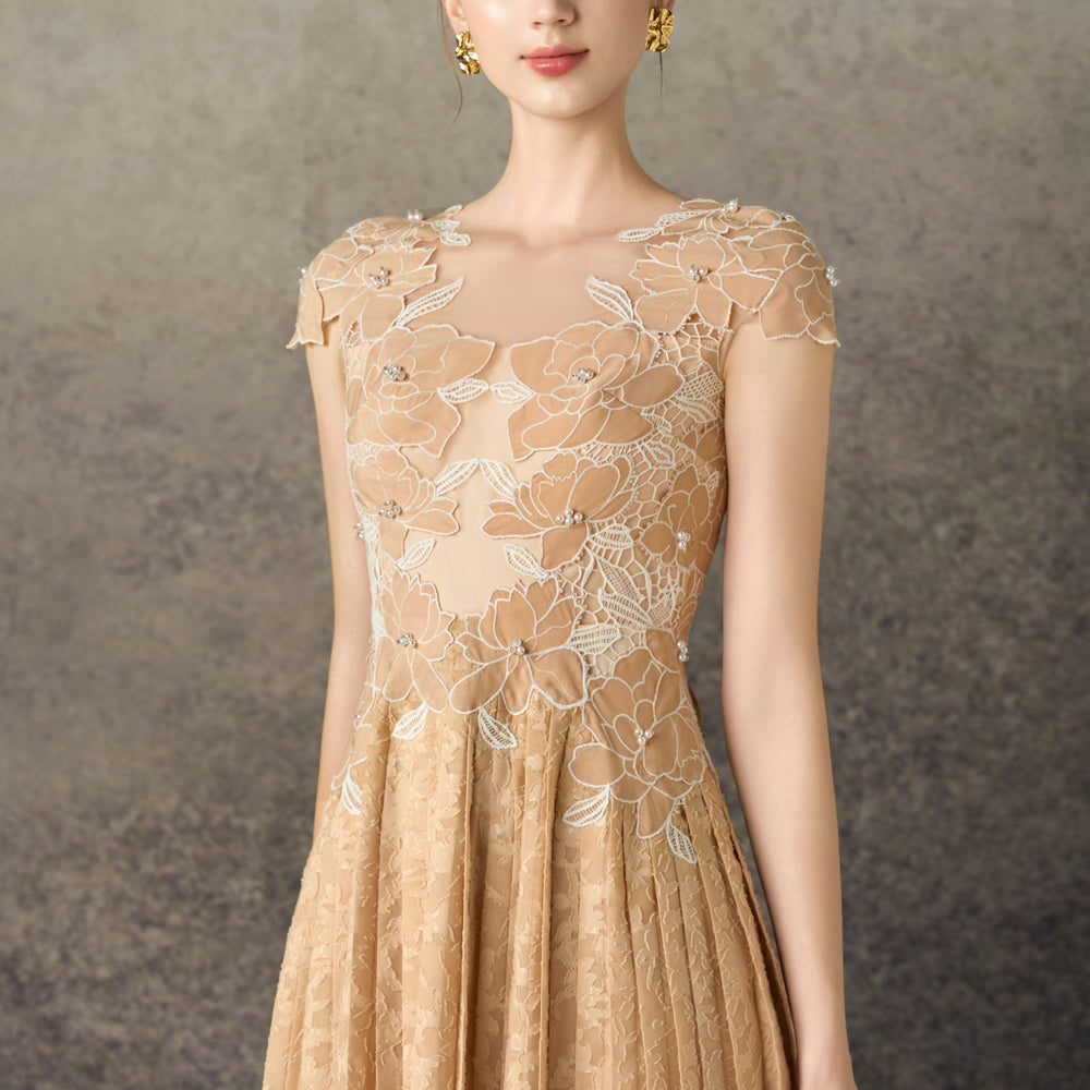 Loressa A-line Cap Sleeved Silk Lace Midi Dress