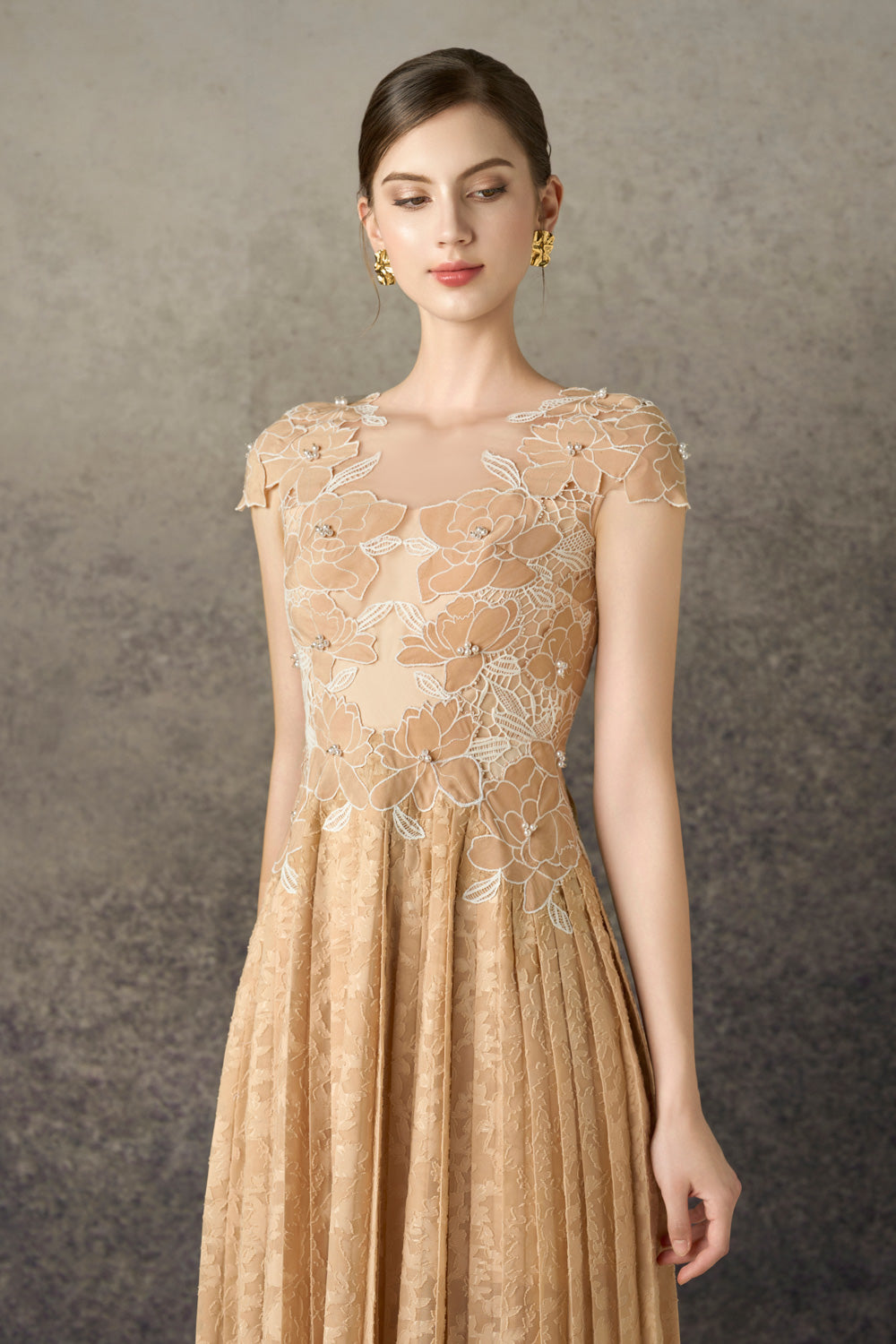 Loressa A-line Cap Sleeved Silk Lace Midi Dress