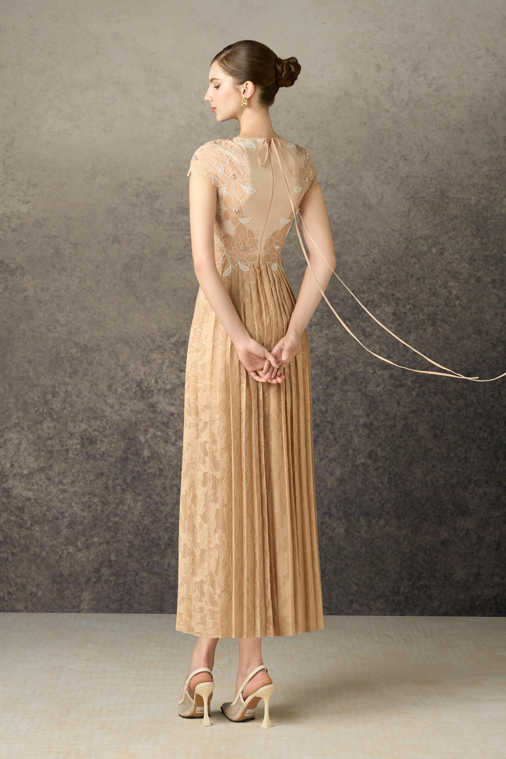 Loressa A-line Cap Sleeved Silk Lace Midi Dress