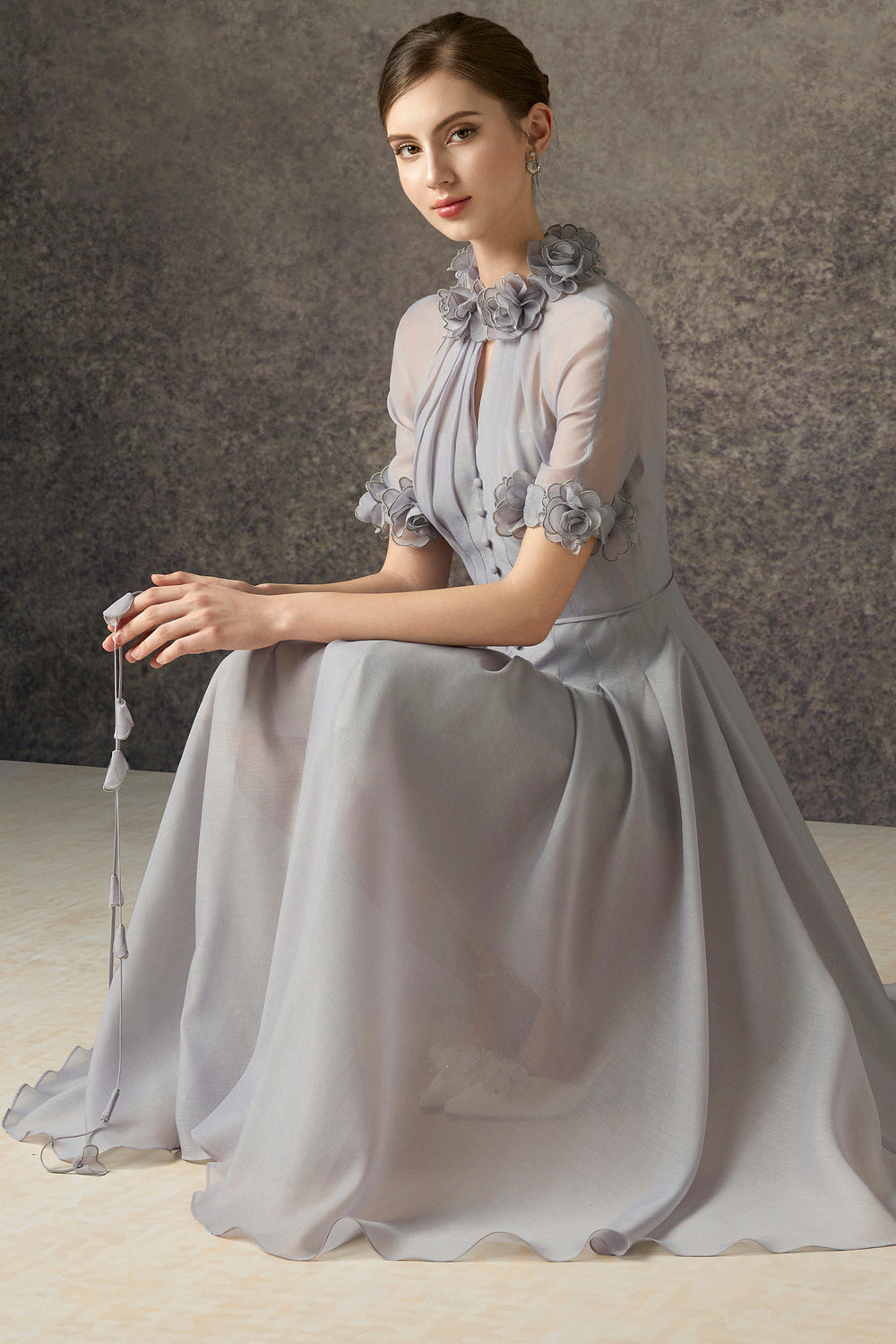 Faylen A-line Waist Pleated Silk Blend Calf Length Dress