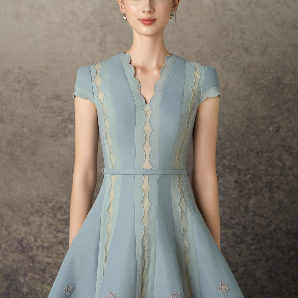Zephara A-line V-Neck Tweed Midi Dress