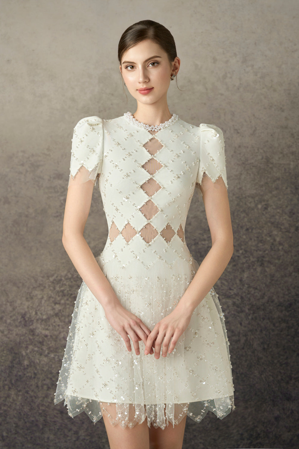 Caelis A-line Puffy Sleeved Mesh Lace Mini Dress