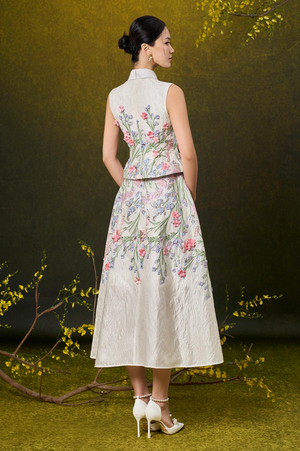 Kairi Peplum Sleeveless Damask Top