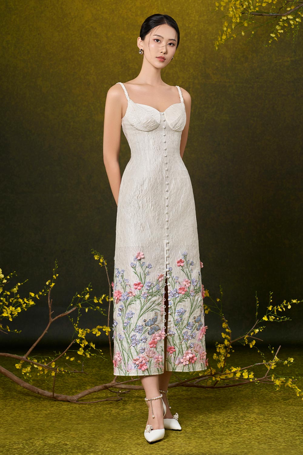 Ivy A-line Strappy Damask Midi Dress