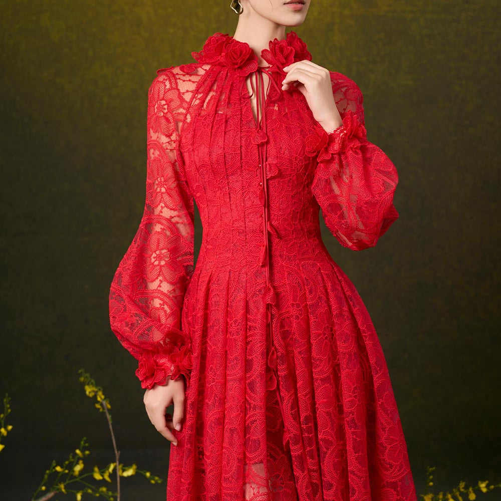 Women's Claire A-line Pleated Lace Midi Dress S/M/L/Customize Red Mixed Lace MEAN BLVD M / Red / Mixed Lace Women's Claire A-line Pleated Lace Midi Dress S/M/L/Customize Red Mixed Lace MEAN BLVD M / Red / Mixed Lace