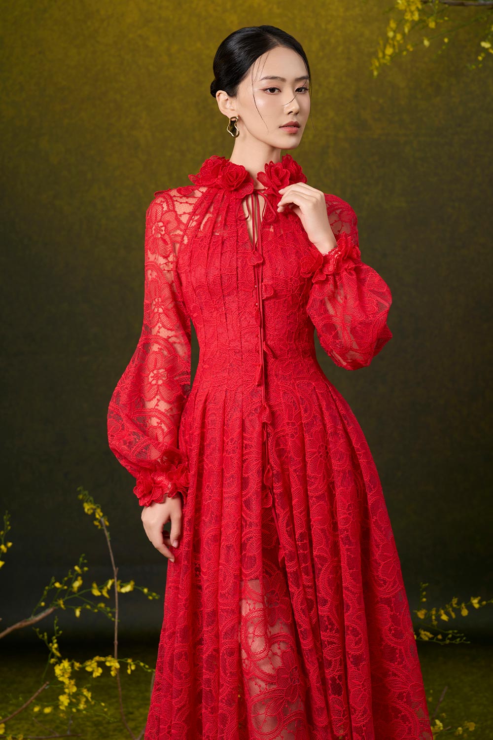 Claire A-line Pleated Lace Midi Dress