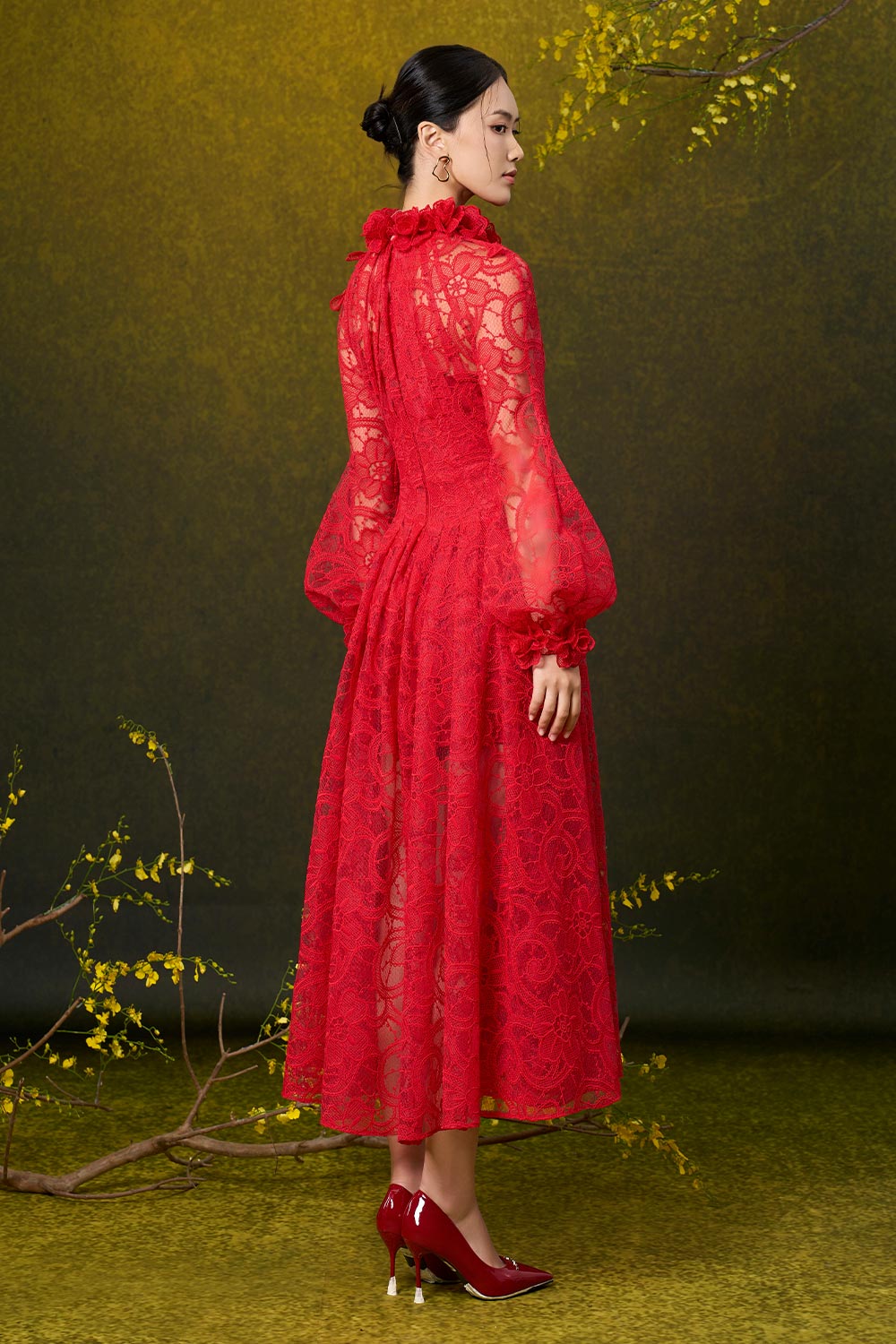 Claire A-line Pleated Lace Midi Dress