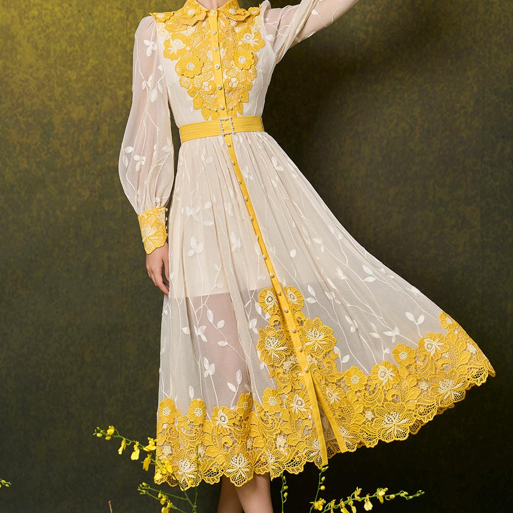 Kimber A-line Bishop Sleeved Silk Lace Midi Dress