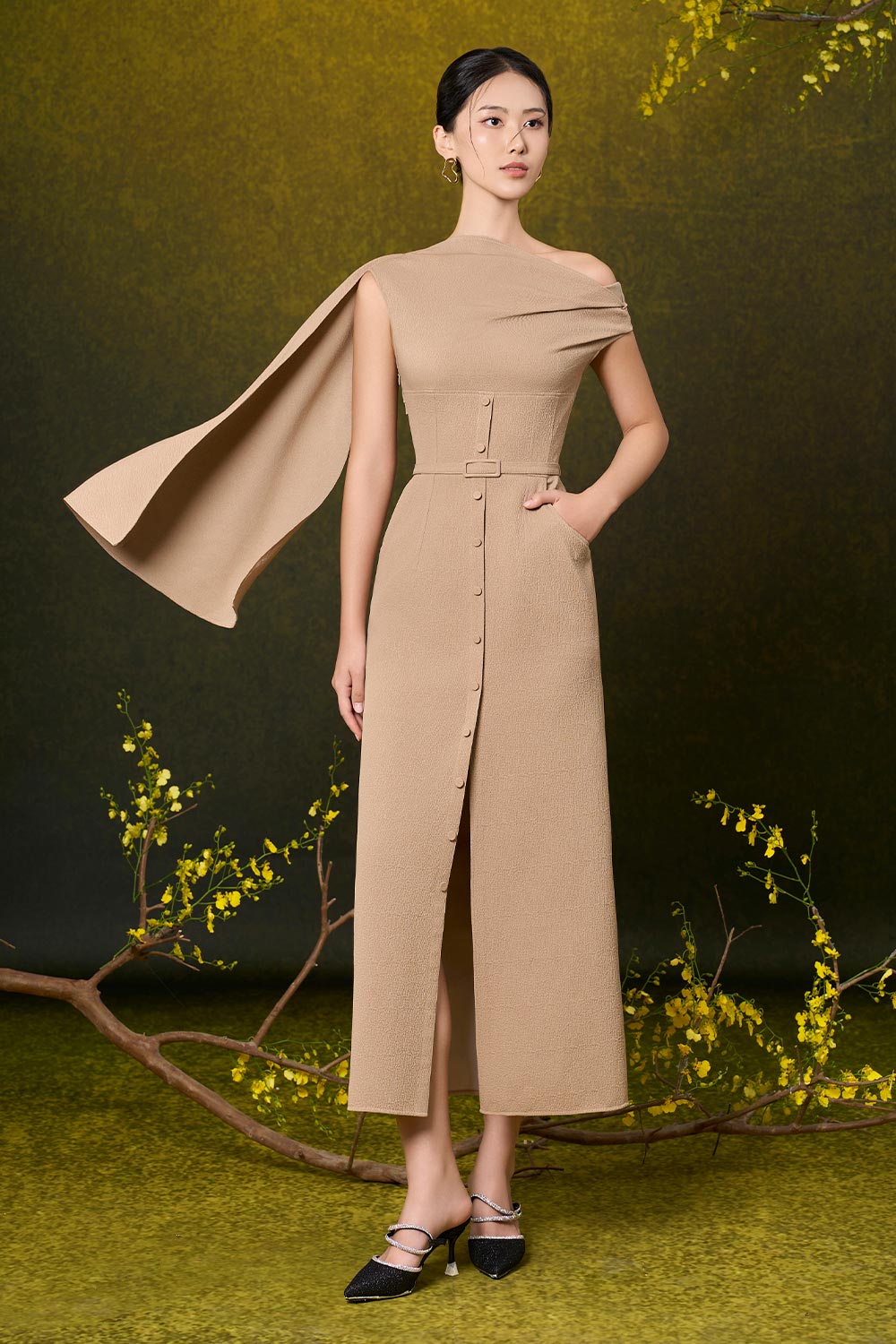 Dream A-line Front Slit Polyester Blend Midi Dress