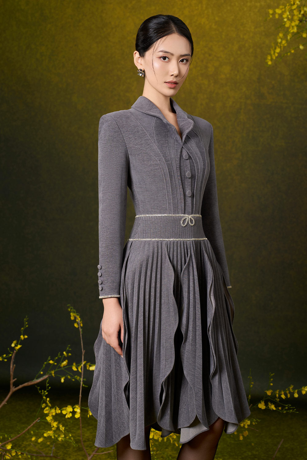 Anna A-line Ruffled Velvet Knee-length Dress