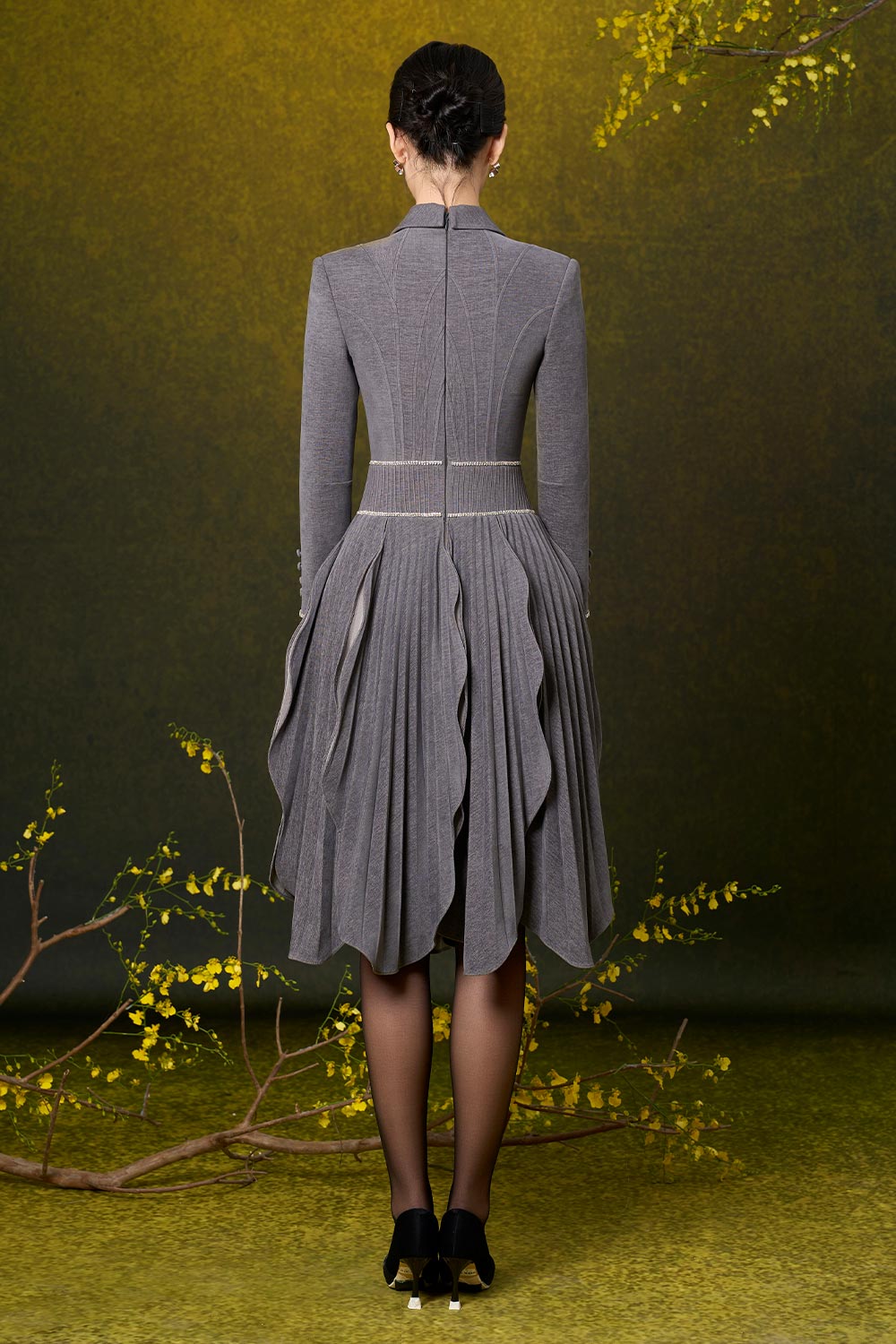 Anna A-line Ruffled Velvet Knee-length Dress