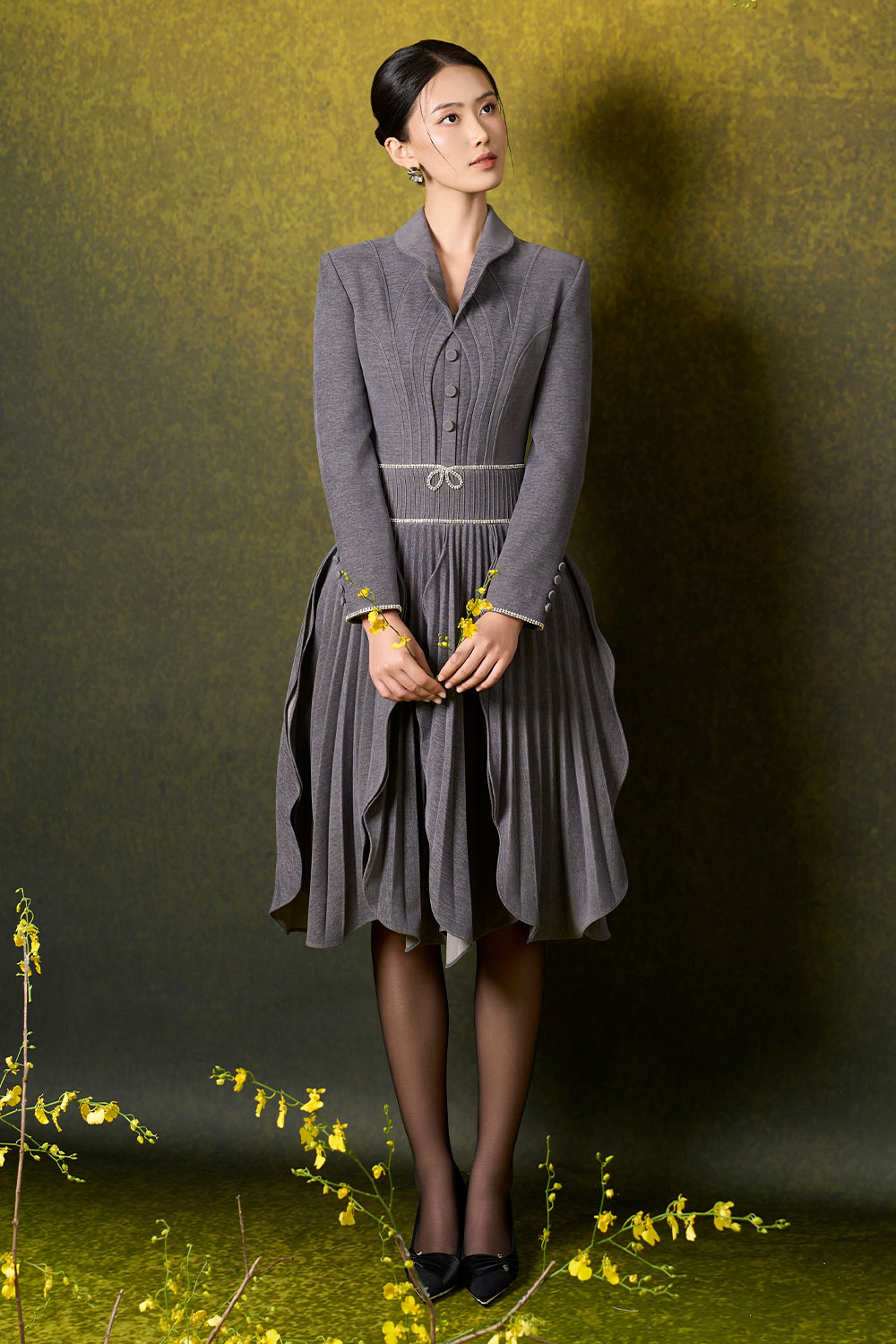 Women's Anna A-line Ruffled Velvet Knee-length Dress S/M/L/Customize Grey MEAN BLVD Grey / M Women's Anna A-line Ruffled Velvet Knee-length Dress S/M/L/Customize Grey MEAN BLVD Grey / M