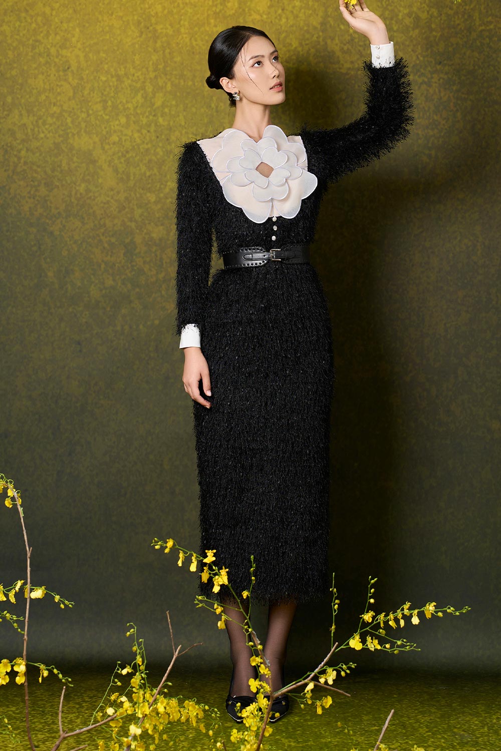 Denver Sheath Fringed Silk Organza Midi Dress