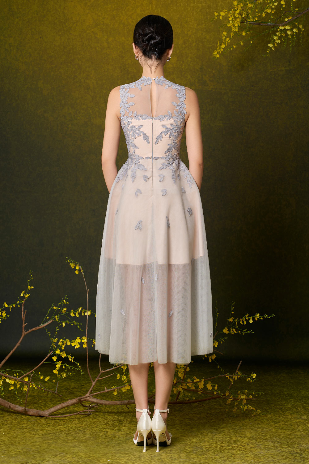fit and flare sheer dress T272010D Dramatic Couture Satin Fit and Flare Gown with Hand Beaded Sheer Bodice and Sweetheart Neckline