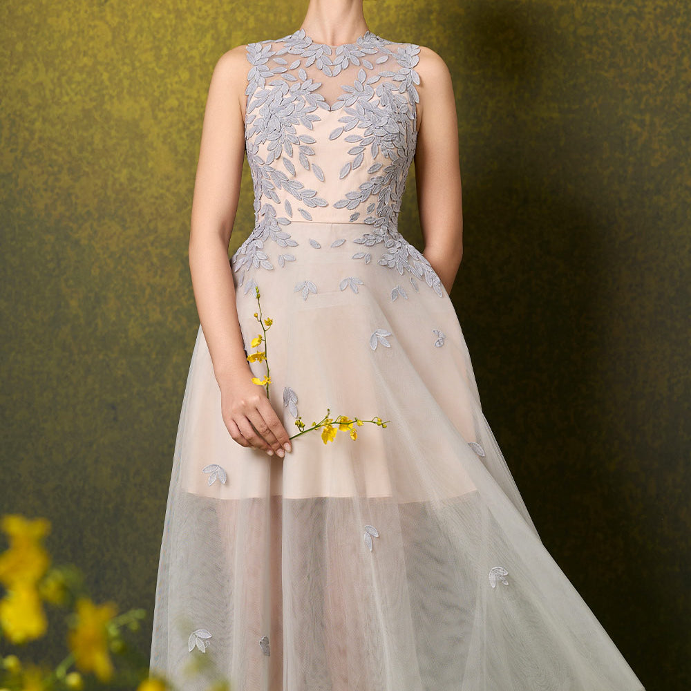 Nellie Fit and Flare Sheer Mesh Lace Calf Length Dress
