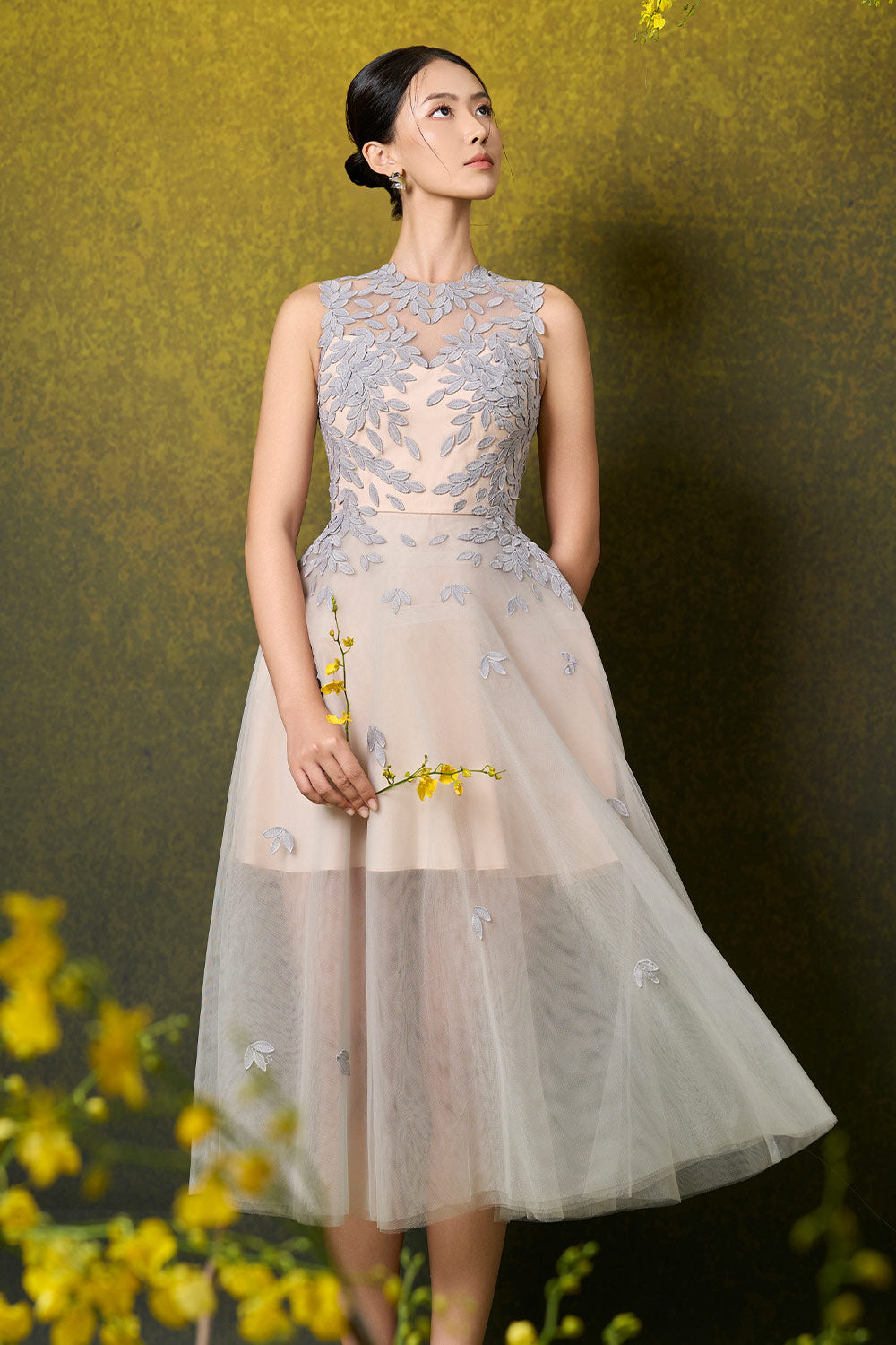 Nellie Fit and Flare Sheer Mesh Lace Calf Length Dress
