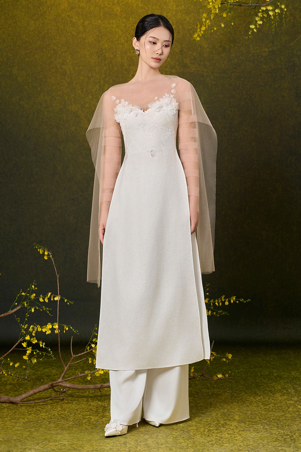 Francesca A-line Side Slit Mesh Silk Floor Length Set