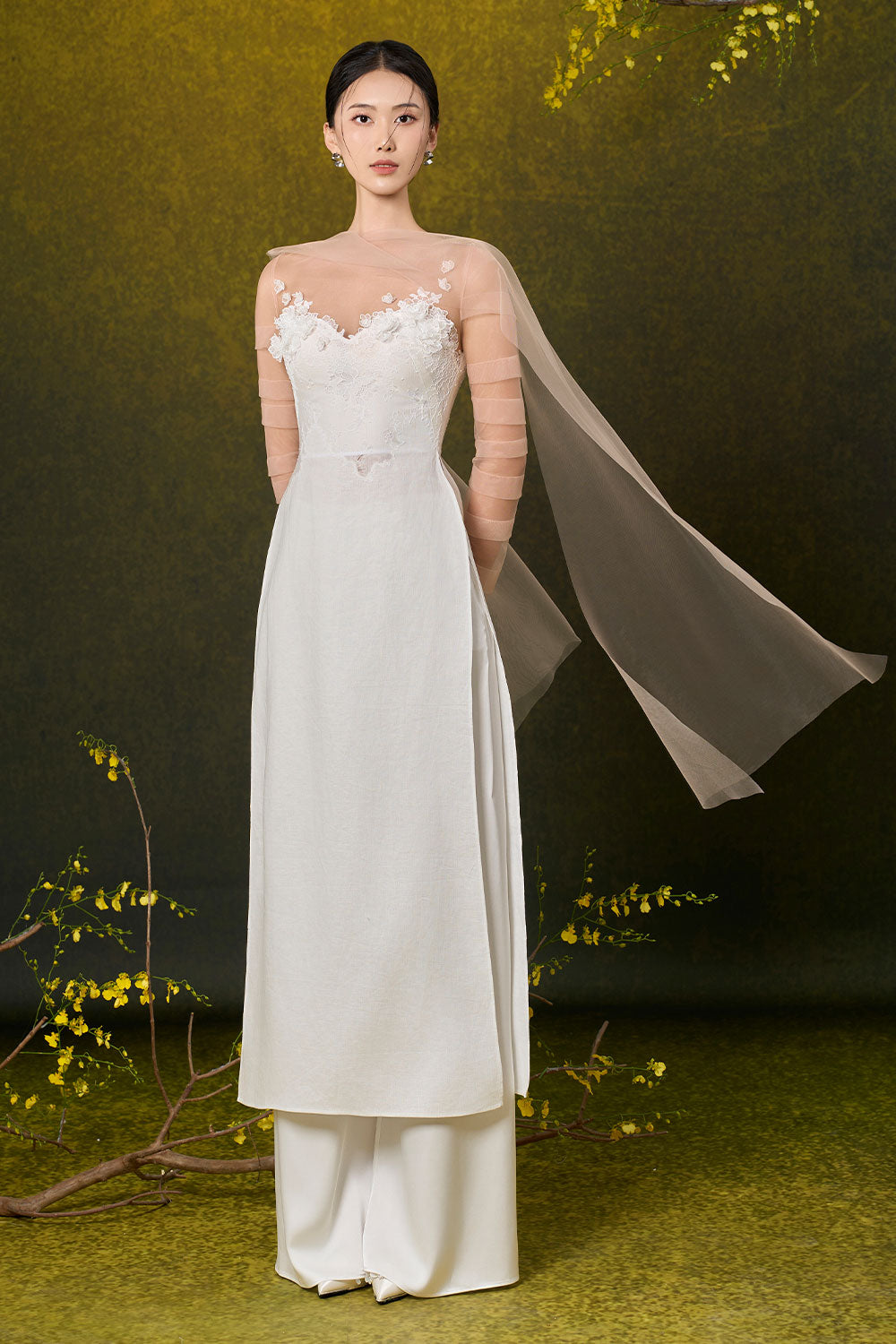 Francesca A-line Side Slit Mesh Silk Floor Length Set