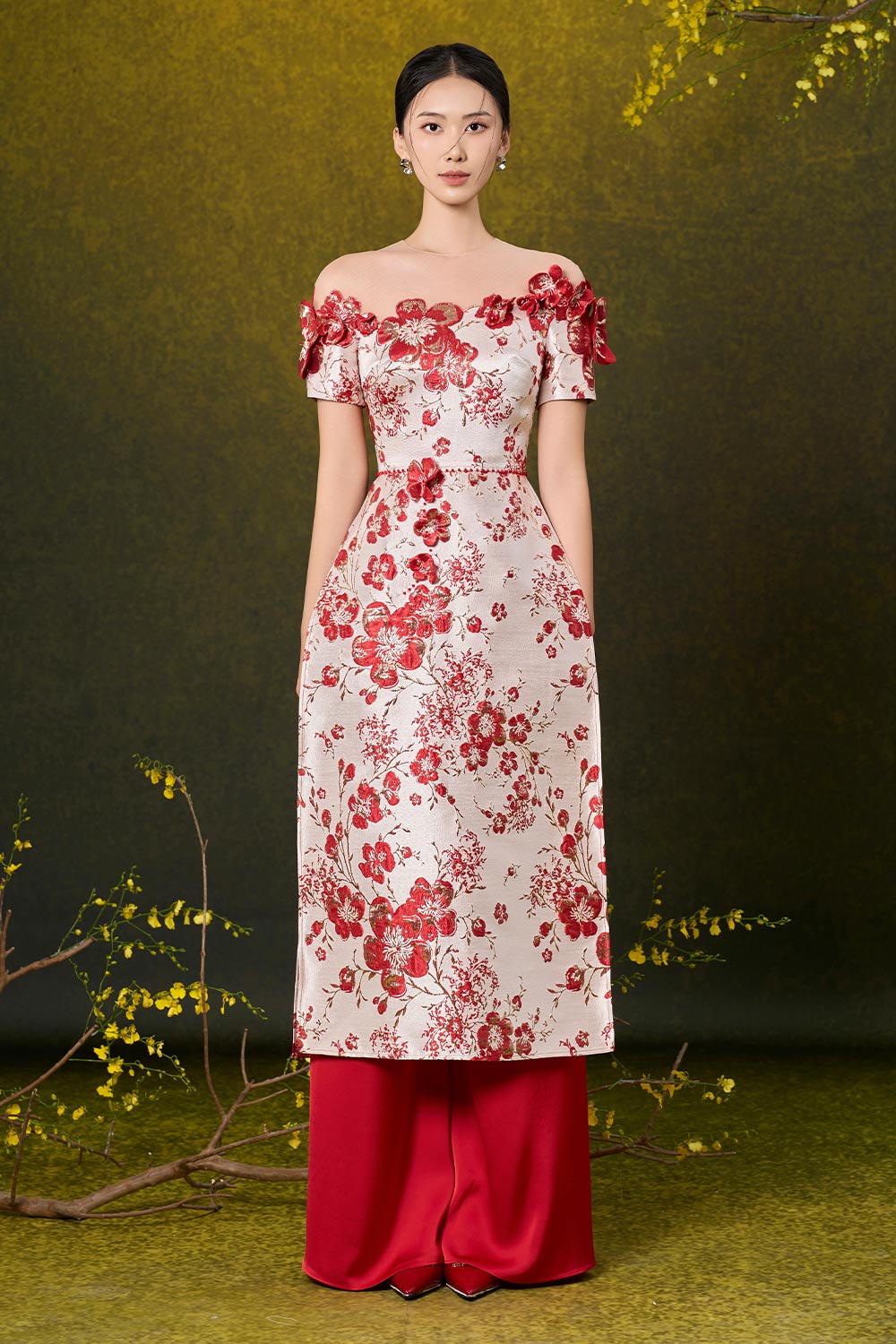 Adrianna A-line Illusion Neck Damask Floor Length Set