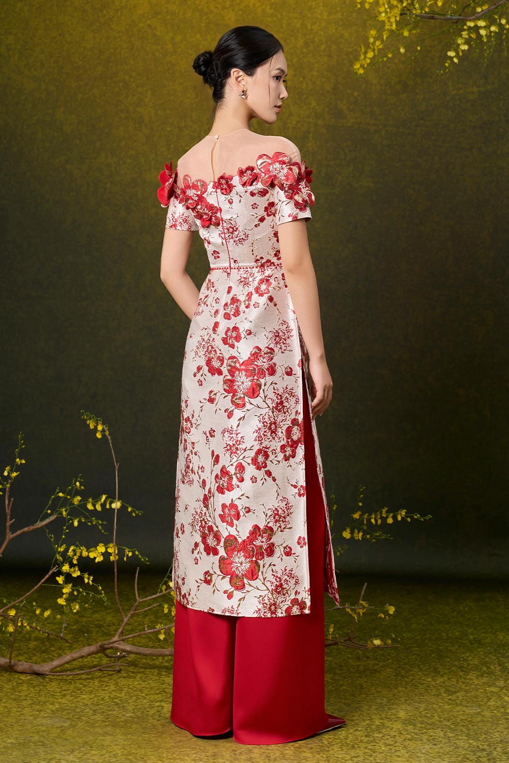 Adrianna A-line Illusion Neck Damask Floor Length Set