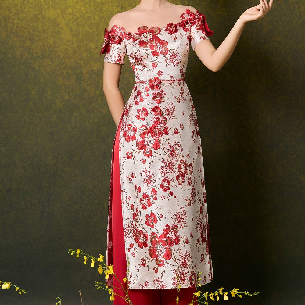 Adrianna A-line Illusion Neck Damask Floor Length Set