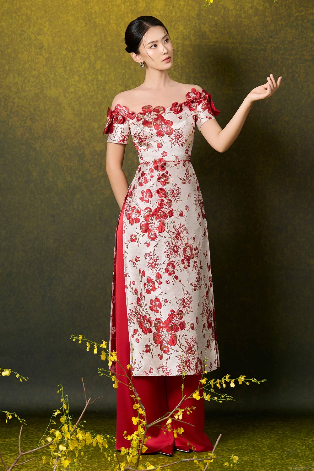 Adrianna A-line Illusion Neck Damask Floor Length Set