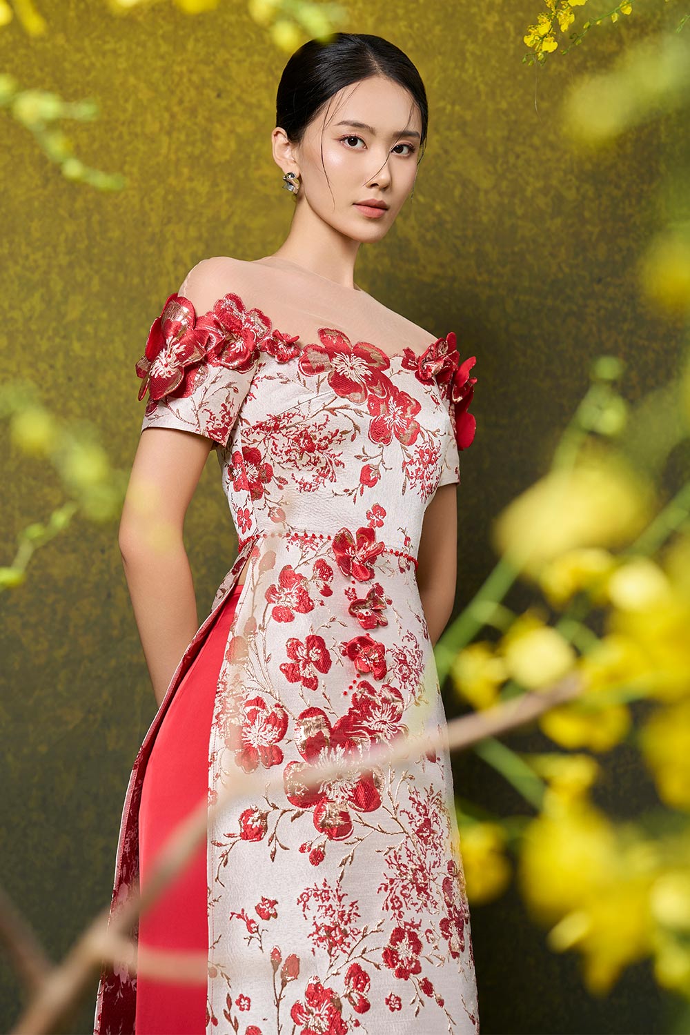 Adrianna A-line Illusion Neck Damask Floor Length Set