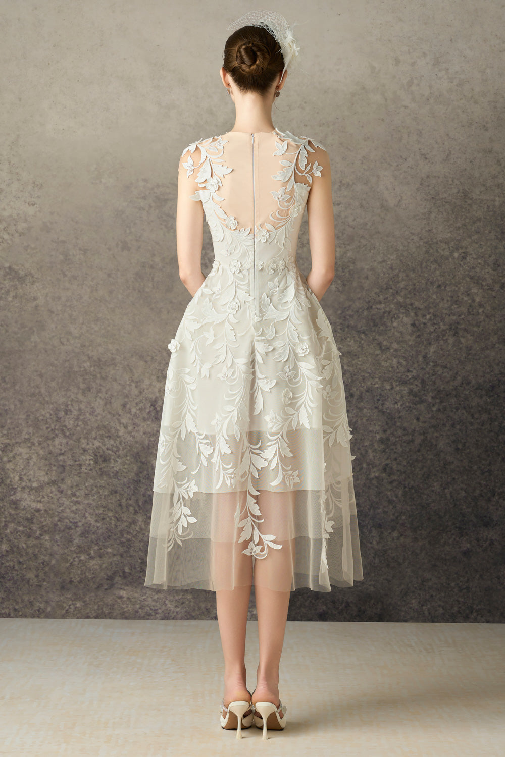 Thessia A-line Illusion Neck Mesh Lace Midi Dress