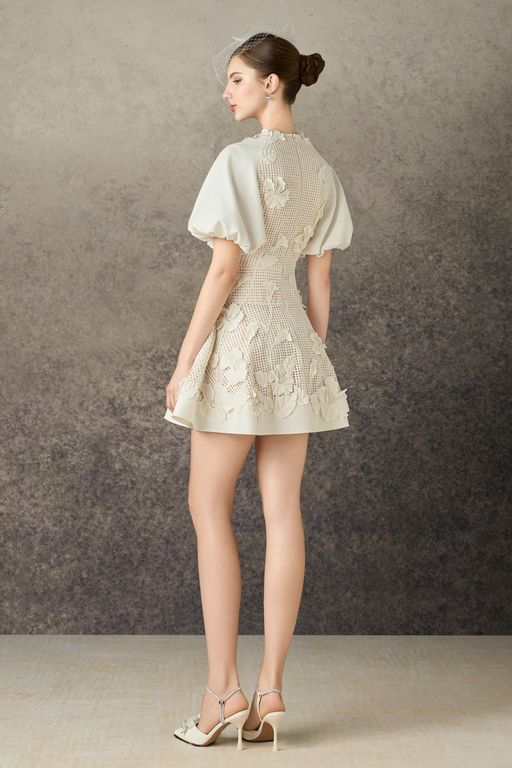 Caedia A-line Puffy Sleeved Mesh Lace Mini Dress