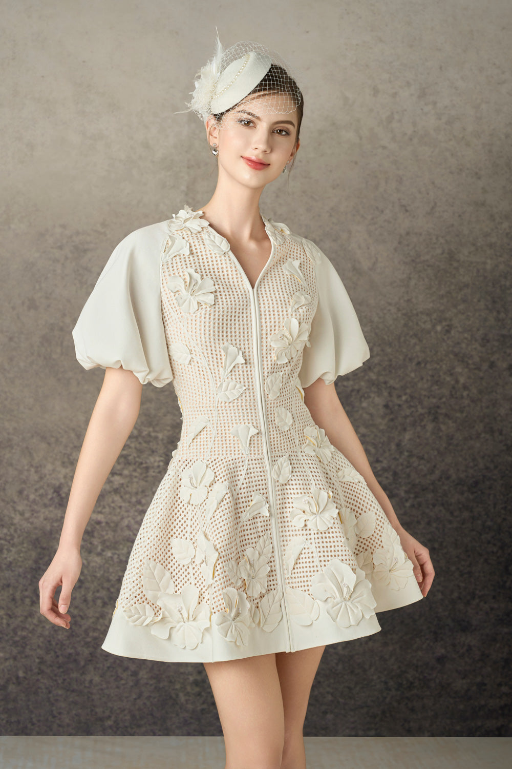 Caedia A-line Puffy Sleeved Mesh Lace Mini Dress