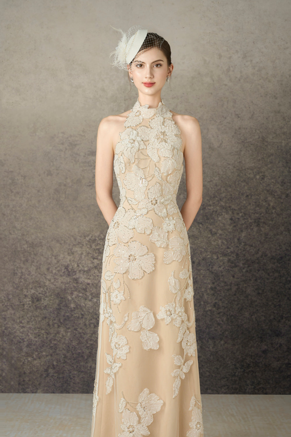 Myrelle Sheath Halter Neck Mesh Lace Maxi Dress