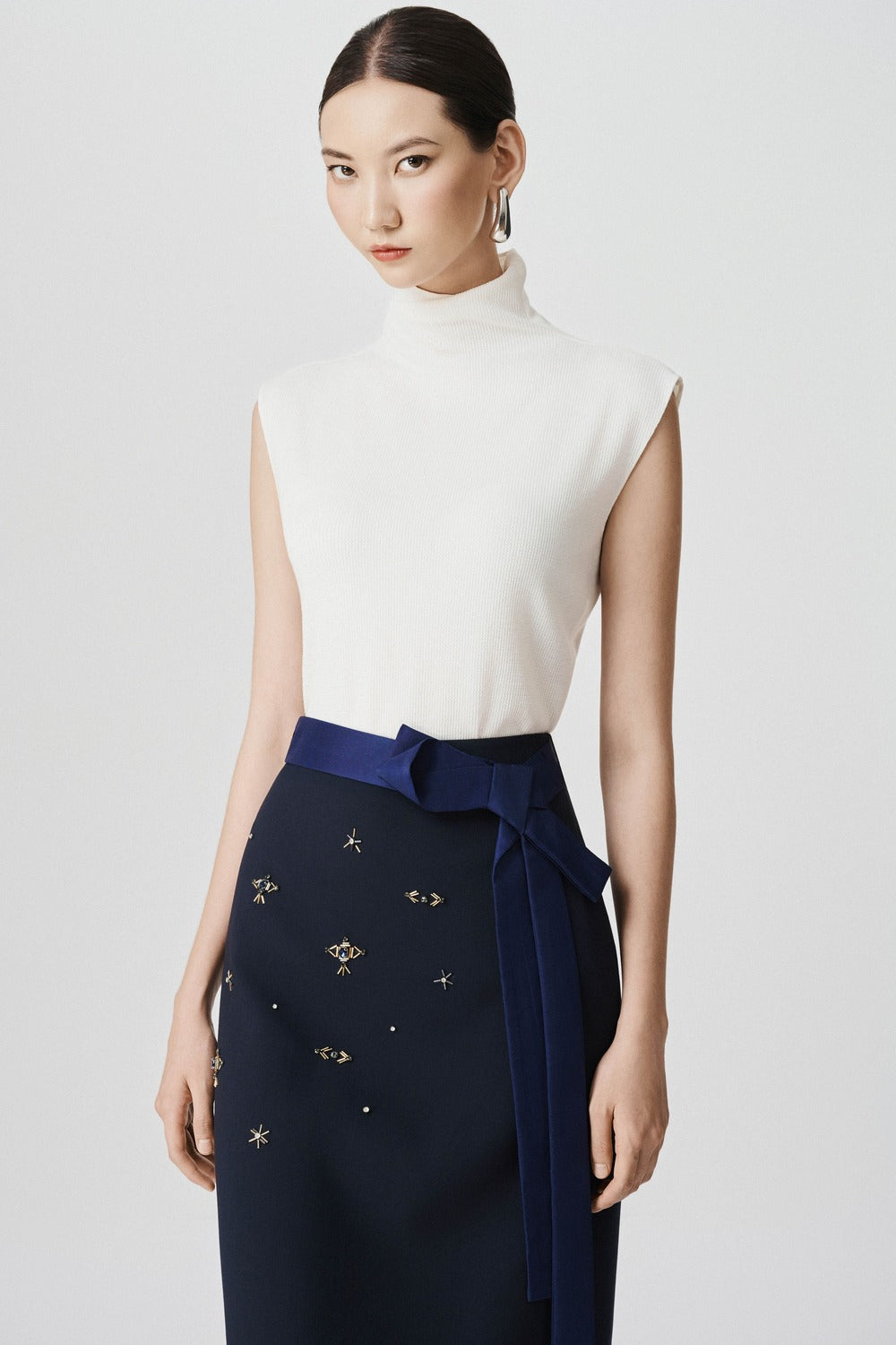 Estelle Pencil Bow Tie Wool Midi Skirt