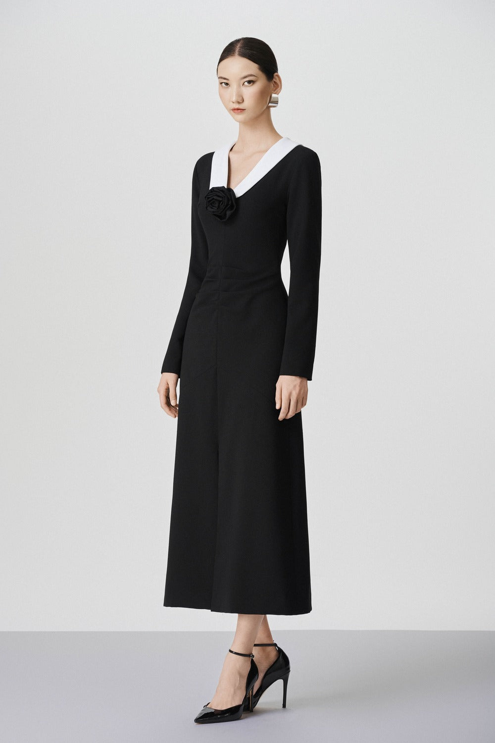 Angie A-line Front Slit Cotton Calf Length Dress Black / XS