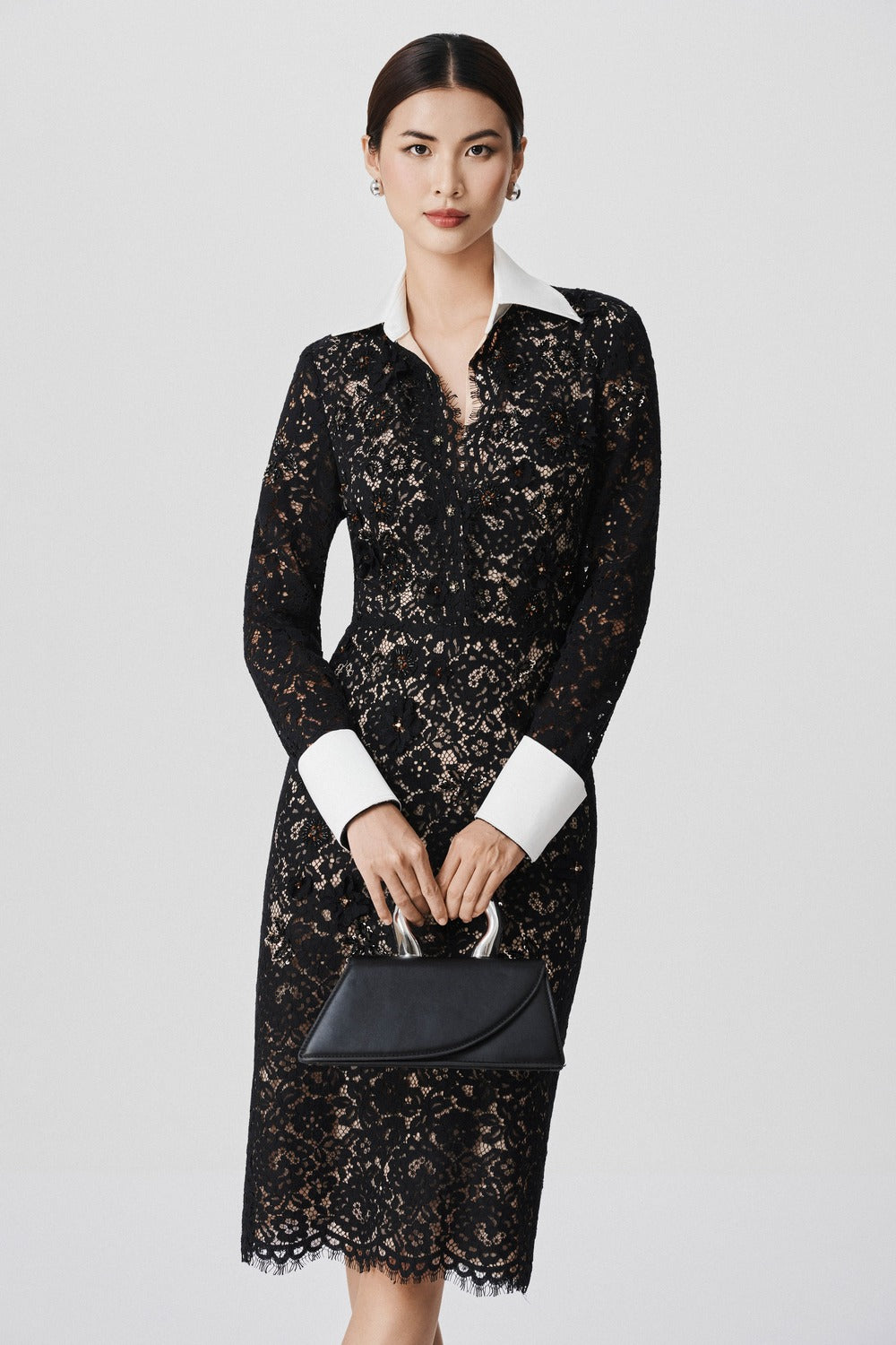 Women's Fallon Sheath Cuff Sleeved Lace Midi Dress XS/S/M/L/Customize Black Mixed Lace Mean Blvd L / Black / Mixed Lace