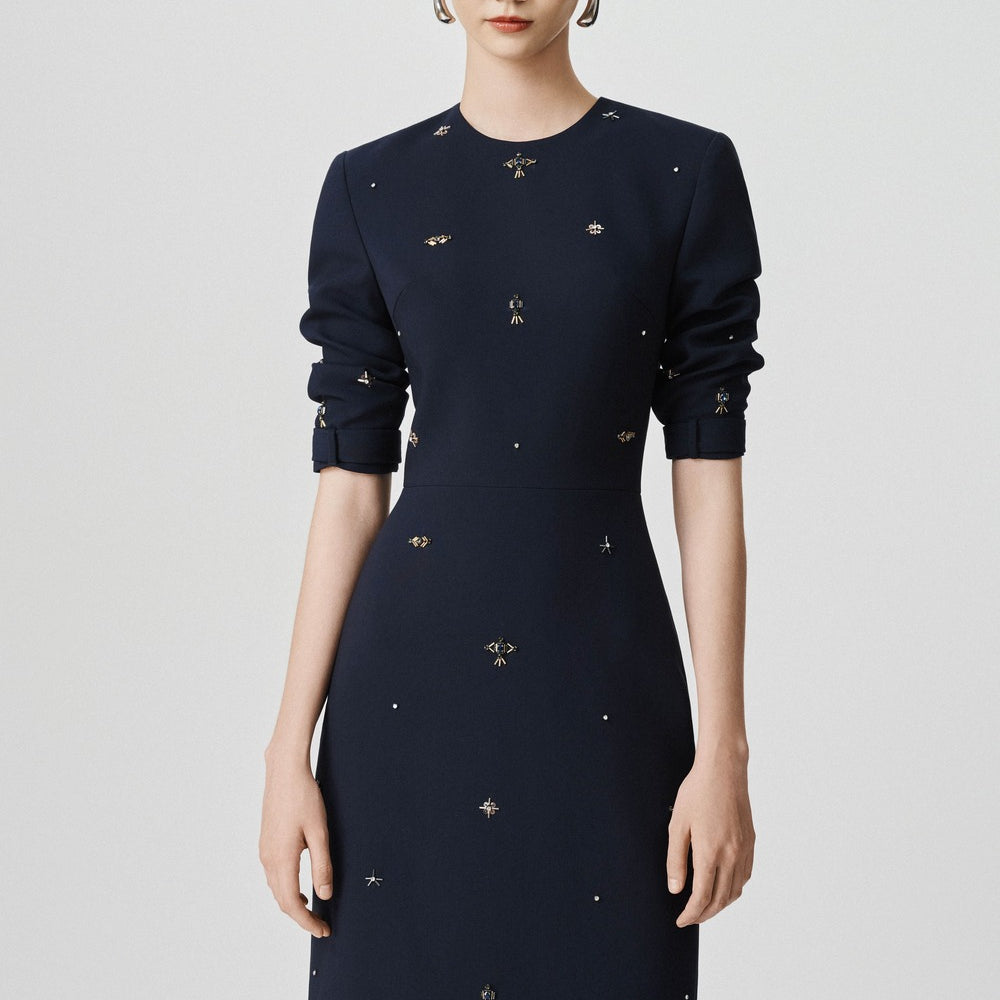 Halle Sheath Round Neck Wool Midi Dress