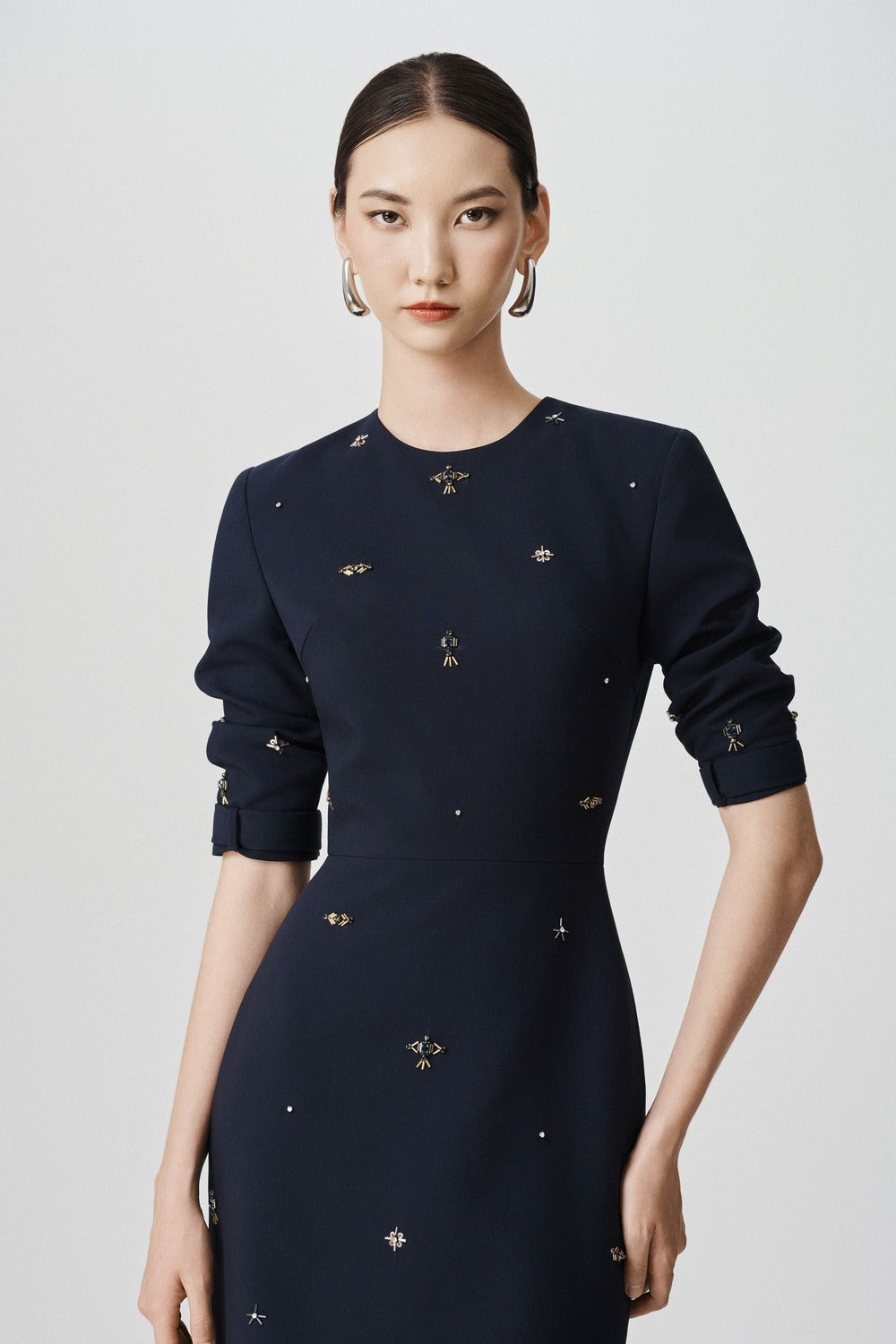 Halle Sheath Round Neck Wool Midi Dress