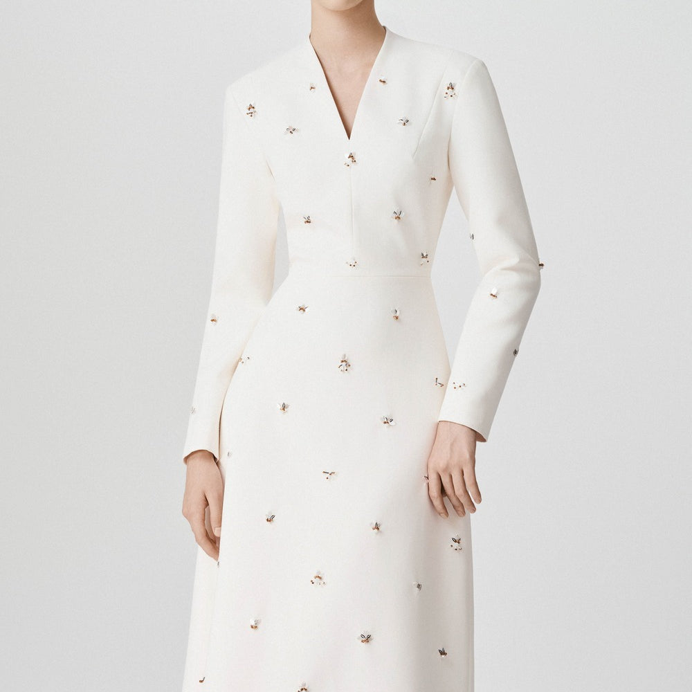 Estrella A-line V-Neck Wool Calf Length Dress