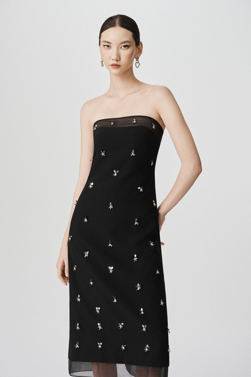 Kinslee Strapless Bead Wool Midi Dress