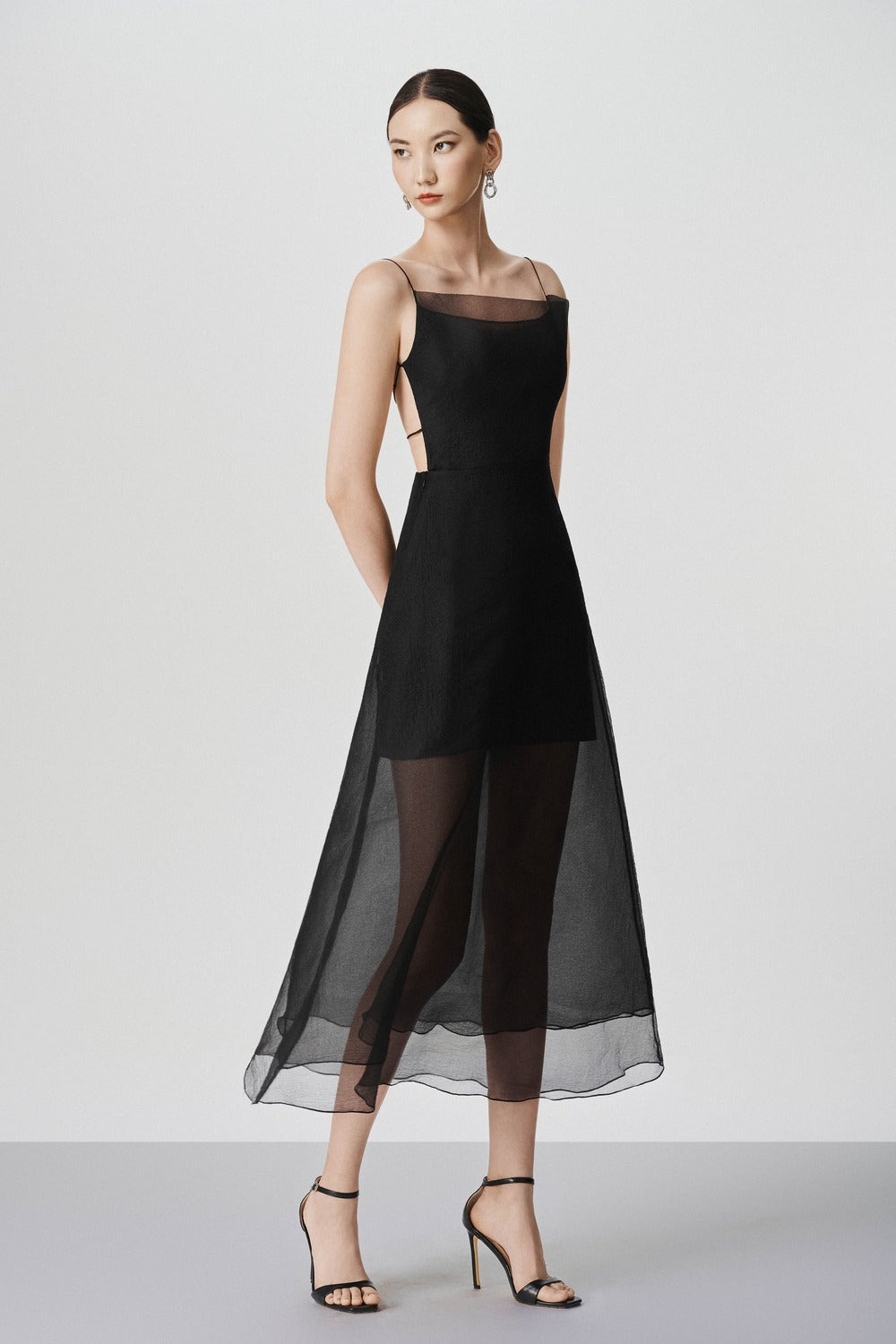 calf length black dress Roselyn A-line Sheer Organza / XS category: dresses Size:16XL free treatment Floral Mesh Bishop Long