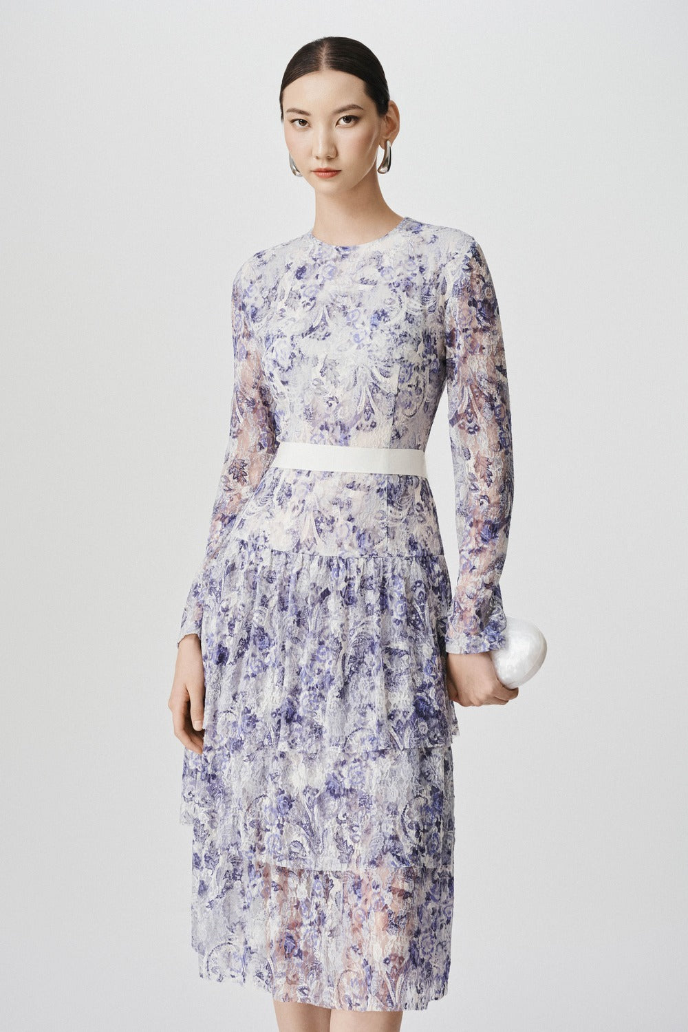 Women's Jolie Layered Round Neck Lace Midi Dress XS/S/M/L/Customize Blue Mixed Lace MEAN BLVD S / Blue / Mixed Lace