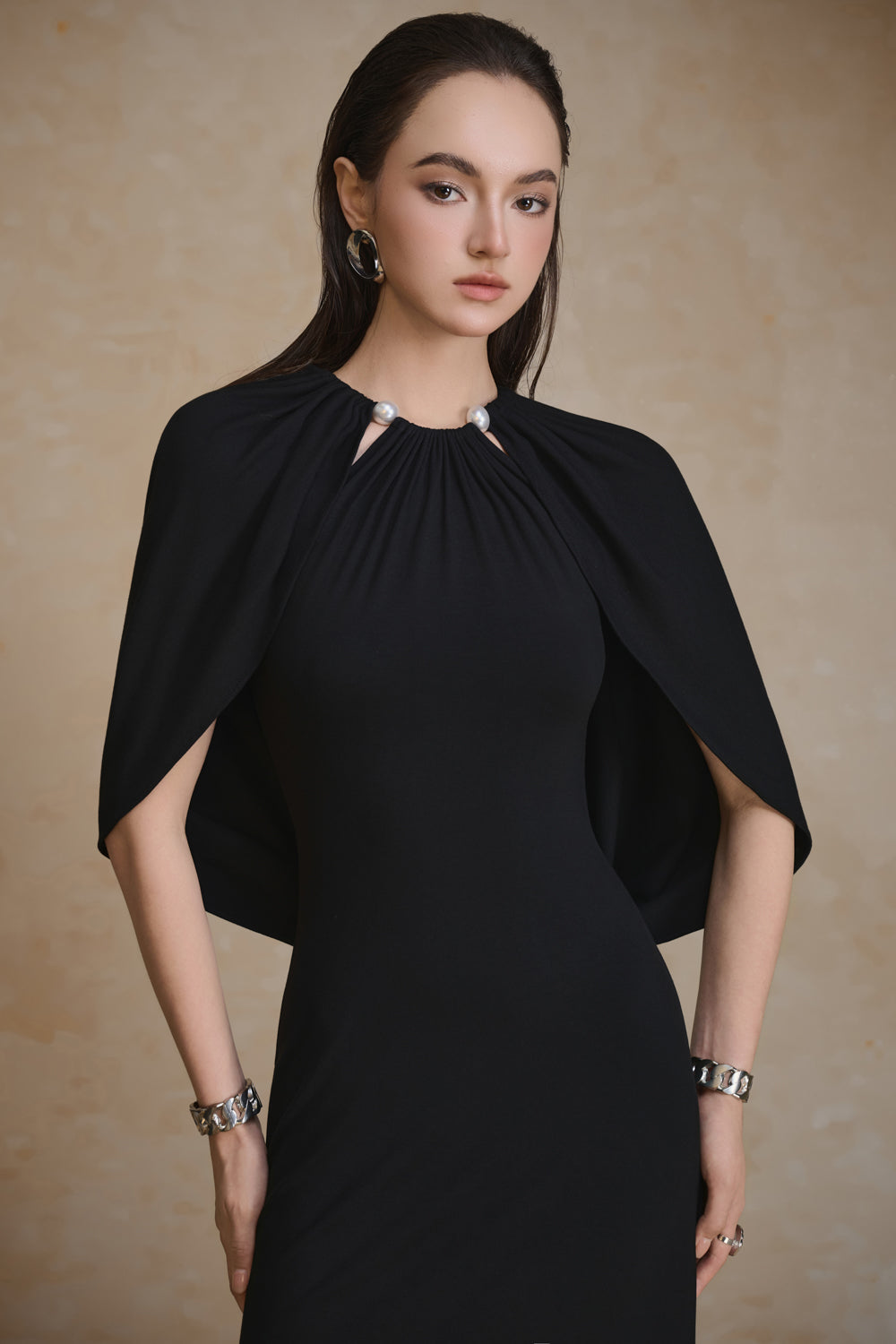 Women's Radiant Cape Sleeve Gathering Maxi Dress S/M/L/XL/XXL/Customize Black MEAN BLVD Women's Radiant Cape Sleeve Gathering Maxi Dress S/M/L/XL/XXL/Customize Black MEAN BLVD