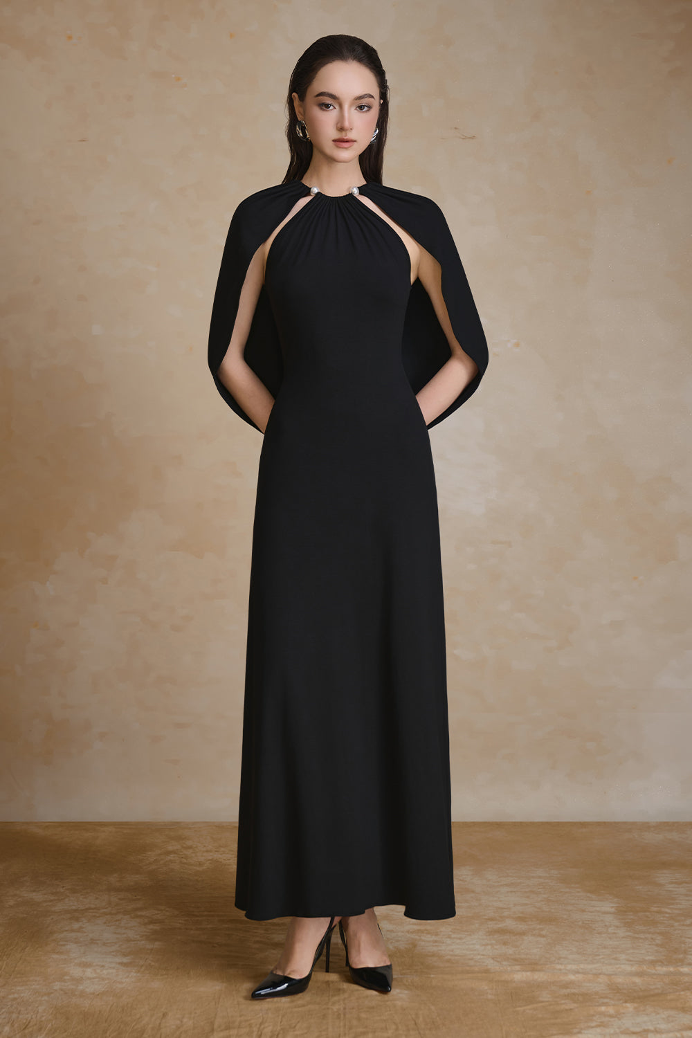 knee length dresses for ladies Women's Radiant Cape Sleeve Gathering Maxi Dress S/M/L/XL/XXL/Customize  Black MEAN BLVD