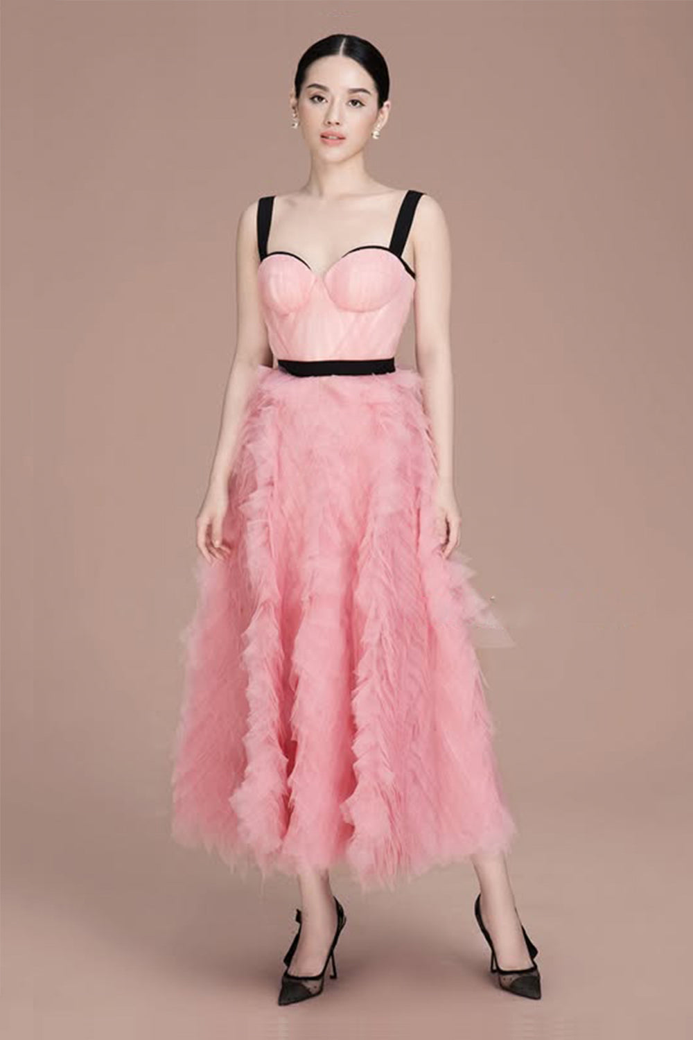 Rauden Lyn A-line Semi-Heart Neck Tulle Midi Dress