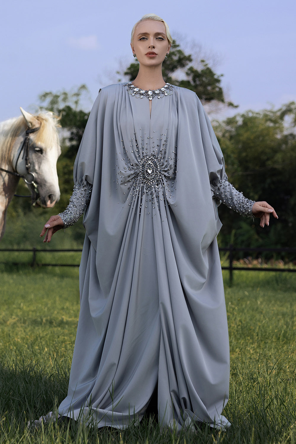 Women's Razane Rhinestone Maxi Dress S/M/L/XL/XXL/3XL/Customize Blue MEAN BLVD Blue / XL