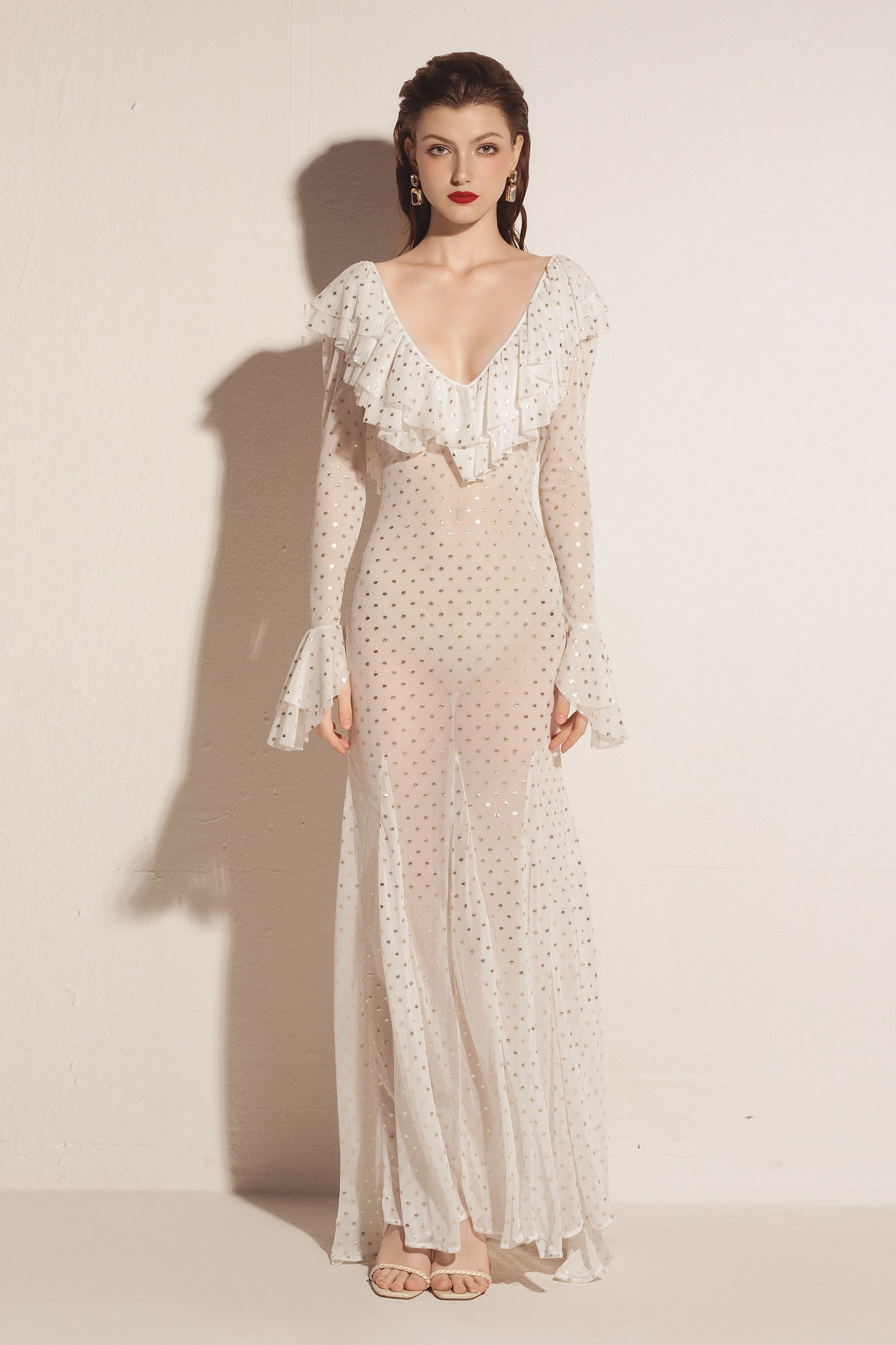 full length maxi dress with long bell sleeves Elise Bell Sleeve Maxi Dress Vanilla/Coral / L